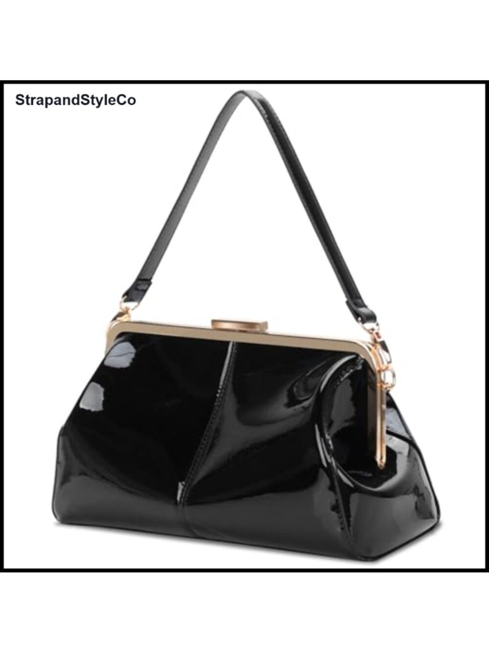 Faux Patent Leather Vintage Kiss Lock Evening Clutch with Crossbody Chain Strap